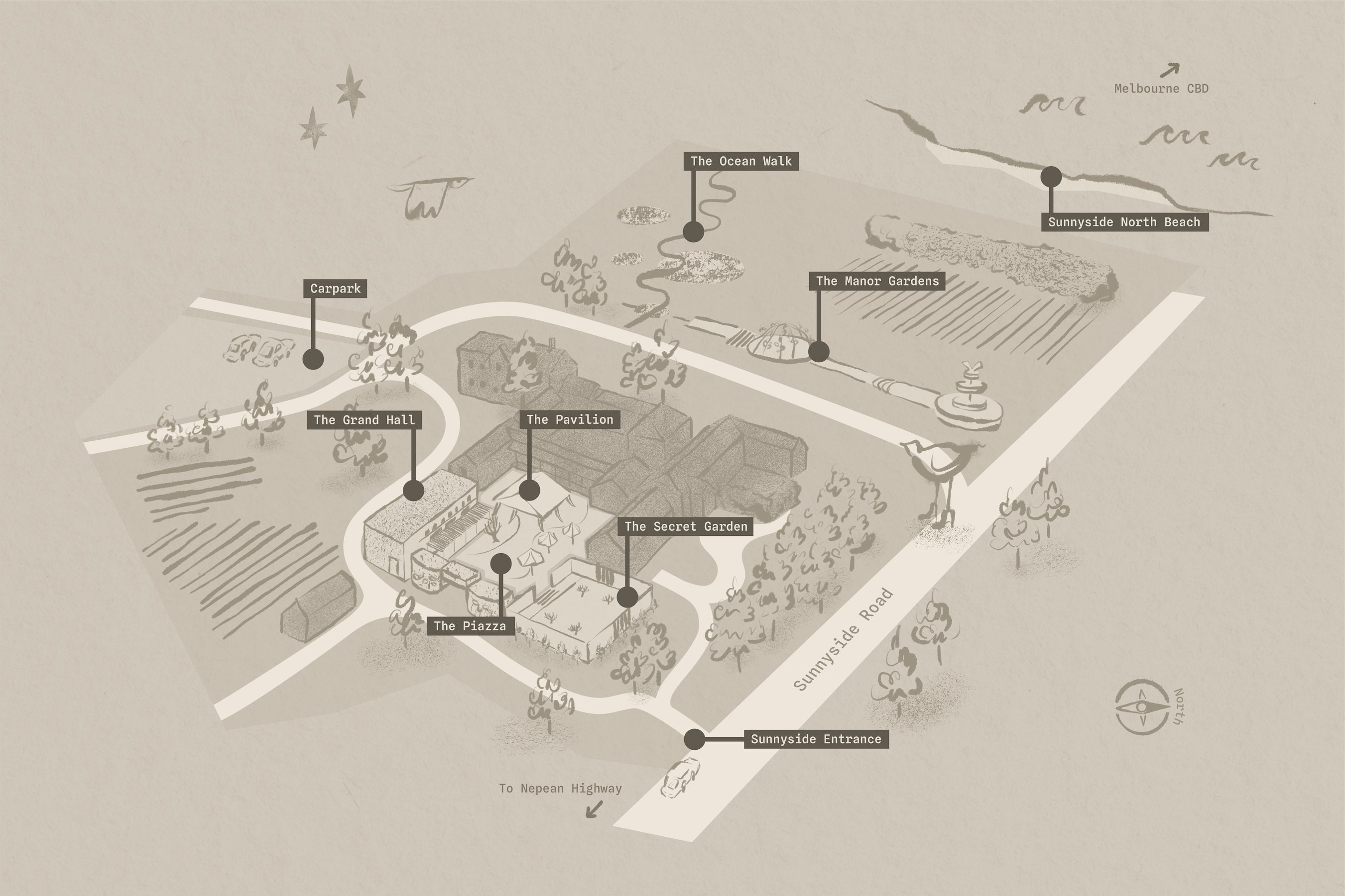Hand-illustrated plan of Sunnyside Estate in ink on paper: the entrance off Sunnyside Road, carpark, Grand Hall, Pavilion, Piazza, Secret Garden, Manor Gardens and the Ocean Walk down to the north beach